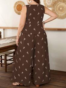 Lacomfia Women's Fitted Vest And Wide Leg Pants Casual Boho Printed 2 Pieces Set, Comfortable Plus Size Vacation Brown Summer - Chocolate Brown - View 2