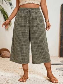 SHEIN VCAY Quần lửng kẻ caro dáng rộng dành cho nữ cỡ lớn - Màu Khaki - Xem 4