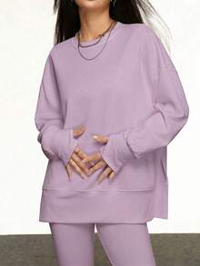 INAWLY Women's Solid Color Round Neck Long Sleeve Top And Leggings Casual 2 Pieces Set - Purple - View 4