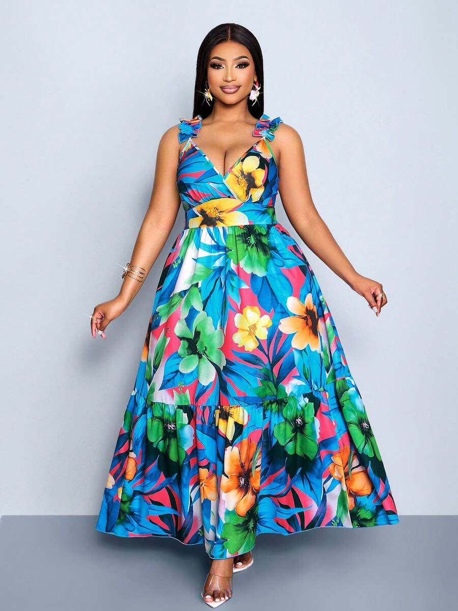 SOLERSUN Plus Size Women's Elegant Fitted Backless Long Dress, Floral Multi-Color Print, Cross-Neck V-Neck Ruffled Shoulder Straps, Multi-Layered Ruffled Hem Elegant Dress, Spring/Summer New Ruffled Short-Sleeved Tie-Up Pleated Loose Casual Floor-Length A-Line Suspender Dress Elegant Casual Vacation, Sexy Botanical Floral Fashion Women's Clothing, St. Patrick's Day, Green, Four-Leaf Clover, Summer Vacation - Royal Blue - View 1