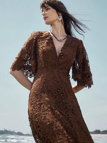 Aveloria Modichic Water-Soluble Embroidered V-Neck Flared Sleeve Mini Dress - Brown - View 6