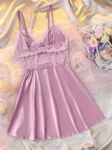 DelicateAllure 性感露背蕾丝镂空拼接缎面吊带裙（女款） - 淺粉色 - 查看 2