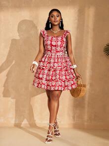 Lunelith SHEIN Lunessa Women's Graphic Print Ruffle Trim Square Neck Casual Dress - Red - View 4