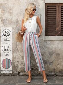 EMERY ROSE 女士休闲度假通勤撞色条纹印花弹力腰侧口袋七分裤 - 彩色 - 查看 5