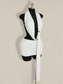 SHEIN ICON Asymmetrical Halter Backless Tank Top & Mini Skirt 2 Pieces Set For Women - White - View 7