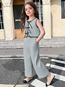 SHEIN 两件套女童针织纯色无袖上衣和迷你裙套装 - 青碧色 - 查看 6