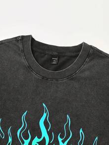 ROMWE MEN Men's Flame Print Washed Loose T-Shirt - Black - View 3