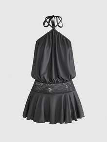 ROMWE Đầm ngắn eo thấp cổ yếm phối ren tương phản cho kỳ nghỉ hè của phụ nữ - màu đen - Xem 1