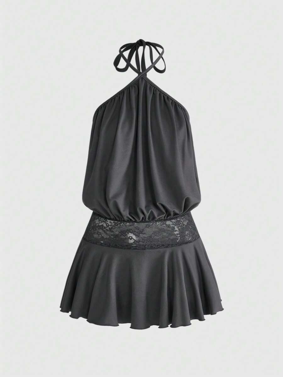 ROMWE Đầm ngắn eo thấp cổ yếm phối ren tương phản cho kỳ nghỉ hè của phụ nữ - màu đen - Xem 1