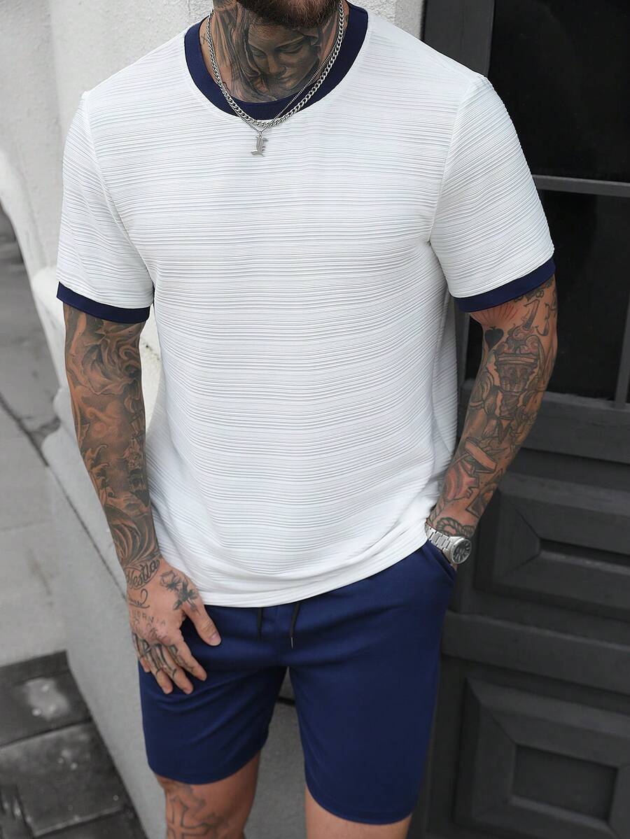 Manfinity Homme 男士舒适圆领短袖T恤套装（2件装）搭配抽绳松紧腰短裤，休闲百搭，适合度假、聚会、外出、运动、办公等场合，经典日系风格，春秋季节必备，自穿或送礼皆宜。 - 彩色 - 查看 1