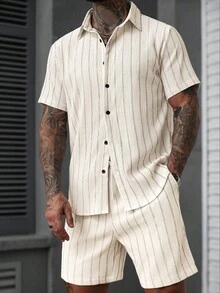Manfinity Homme 加大码男士提花条纹短袖衬衫和短裤套装 - 卡其色 - 查看 5