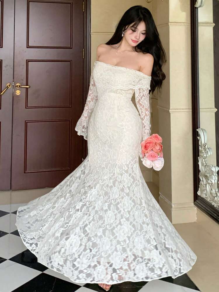 Women's Off Shoulder Flare Sleeve Mermaid Dress, Elegant For Date Outfit Summer Sun Dresses For Women