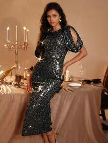 Glamine Women's Sequin Round Neck Fitted Midi Dress - Black - View 4