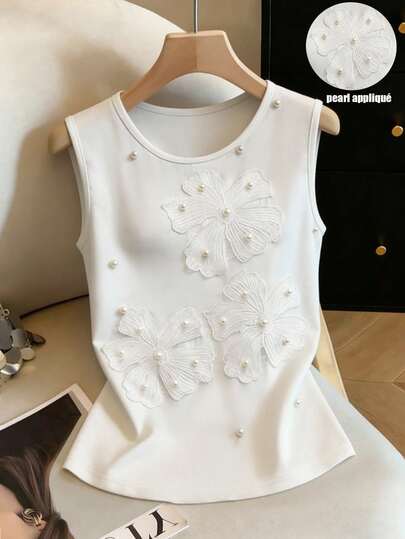 SHEIN Franclia Women's Beaded 3D Floral Decor Camisole, Fashionable, Versatile, Elegant