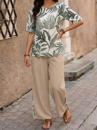 EMERY ROSE Women's Tropical Plant Print Shirt And Wide Leg Pants Casual 2 Pieces Set Women Vacation Outfit Sets Tropical Vacation Outfits For Women Summer Pants Sets For Women Khaki Outfits For Women Spring Women Outfits Island Outfit For Women Boho Outfit For Women Vintage Outfit For Women Summer Casual Outfits For Women