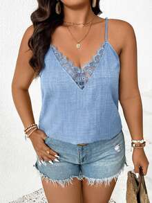 SHEIN Frenchy Camiseta holgada de talla grande para mujer con parches, bordados y ribete de malla transparente para el verano y la playa - Celeste - Ver 2