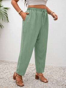SHEIN Frenchy Plus Size Vacation Solid Color Knotted Casual Pants With Pockets - Mint Green - View 2