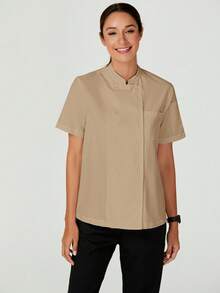 TaskEZ White Short Sleeve Chef Coat Jackets For Women Front Button Short Sleeve Pocket Minimalist - Khaki - View 1