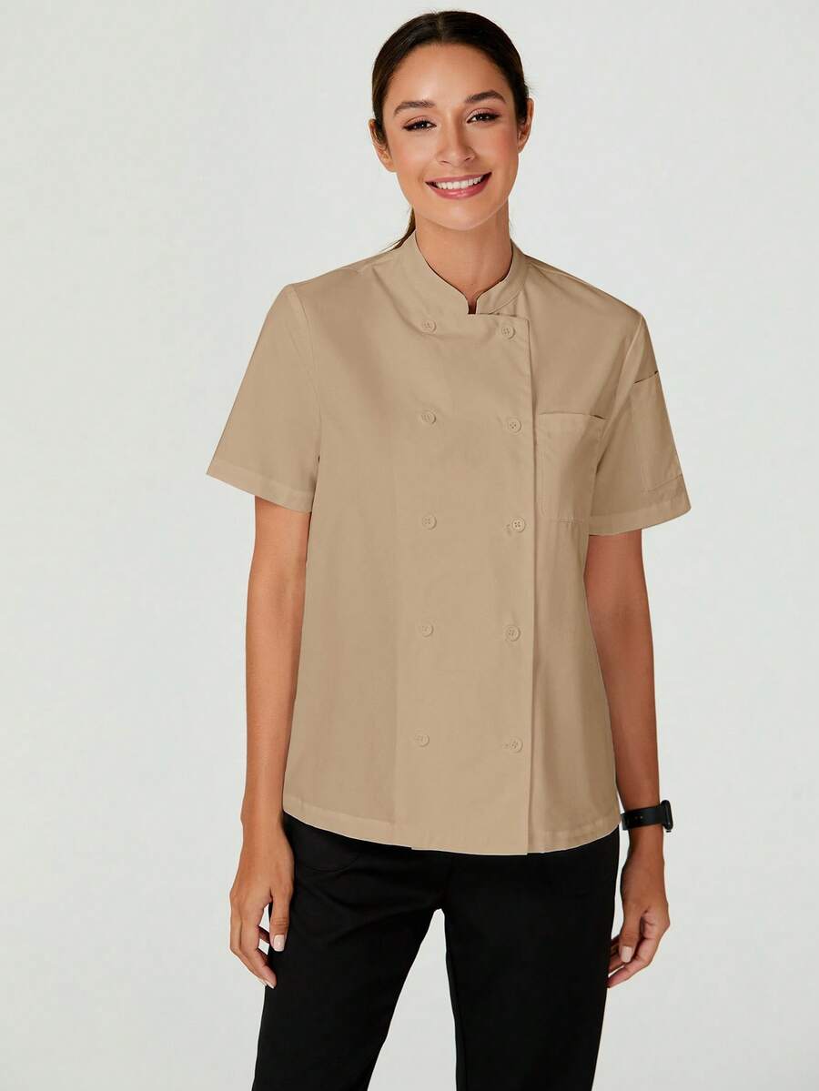 TaskEZ White Short Sleeve Chef Coat Jackets For Women Front Button Short Sleeve Pocket Minimalist - Khaki - View 1