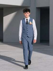 SHEIN 2pcs/Set Teen Boy Gentleman Outfit, Including Navy Slim-Fit Vest And Navy Textured Dress Pants, Elegant Formal Suit For Birthday, Wedding, Wedding Guest, Pageboy, Ring Boy - Blue - View 5