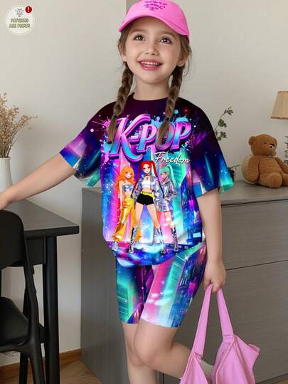 2件套少女休闲时尚彩色韩流女团字母星星印花套装，圆领短袖T恤和短裤，适合夏季穿着