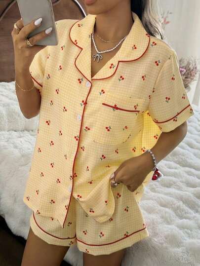 SHEIN Pink Plaid Cherry Print Shirt Collar Short Sleeve & Shorts Pajama Set For Women
