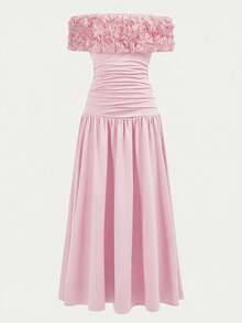 SHEIN 少女时尚优雅露肩短袖连衣裙 - 粉色 - 查看 2