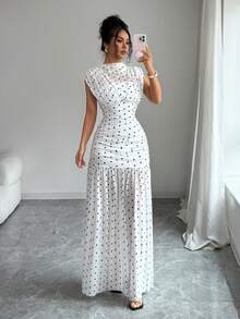 Elenzga White And Black Polka Dot Summer Elegant Holiday Tea Party Vacation Stand Collar Sleeveless Hollow Out Mesh Patchwork Pleated A-Line Maxi Dress - White - View 3