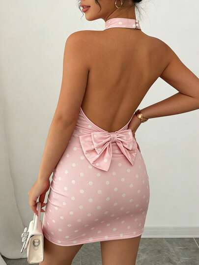 Selianne Polka Dot Print Round Neck Backless Bow Decor Fitted Dress For Women
