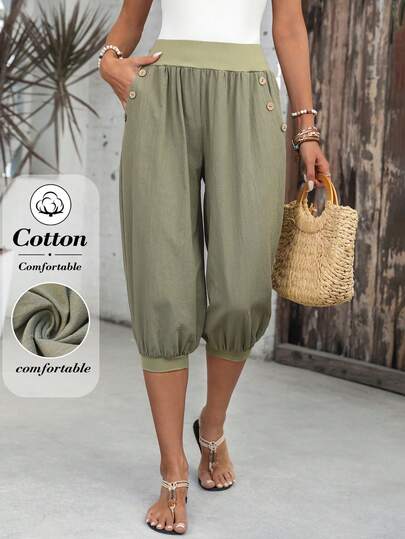 EMERY ROSE Women's Patchwork Color Pleated Casual Versatile Daily Wear Pants Summer Outfits Womens Trousers Summer Cotton Joggers Women Wrap Around Pants Capris For Women