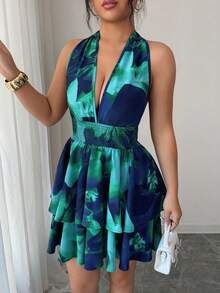 Xyvia Vestido mini sin espalda para mujer, azul marino floral, verano, boho, vacaciones, festivo, con fruncido profundo, bajo con volantes en capas, cintura ceñida, estampado de mármol, elegante para baile de graduación - Verde - Ver 5