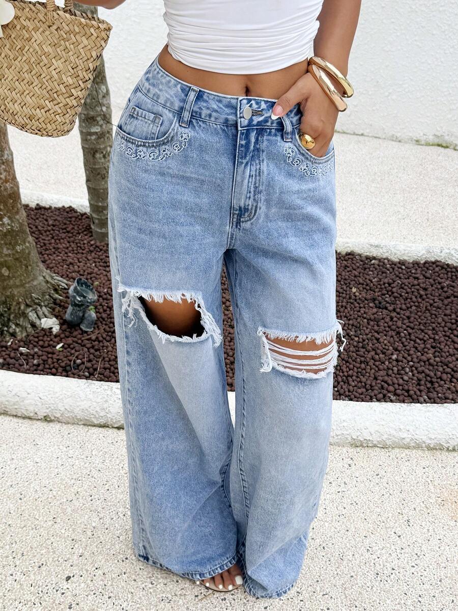 Rivivi Jeans de mezclilla lavados con bordados y efecto desgastado de moda y casual - Lavado ligero - Ver 1
