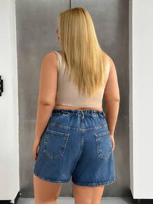 SHEIN Women Washed Detail High-Rise Plus Size Elastic Waist Denim Shorts - Navy Blue - View 2