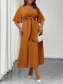 Elenzga Plus Size Women's Elegant Daily Wear V-Neck Ruffle Short Sleeve Tie-Waist A-Line Maxi Dress - Orange - View 4