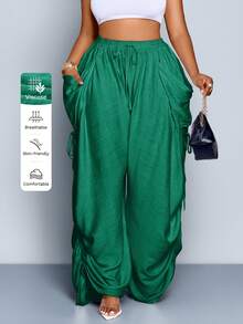 SOLERSUN Plus Size Women's Solid Color Waist Tie Pocket Wide Leg Pants - Green - View 1