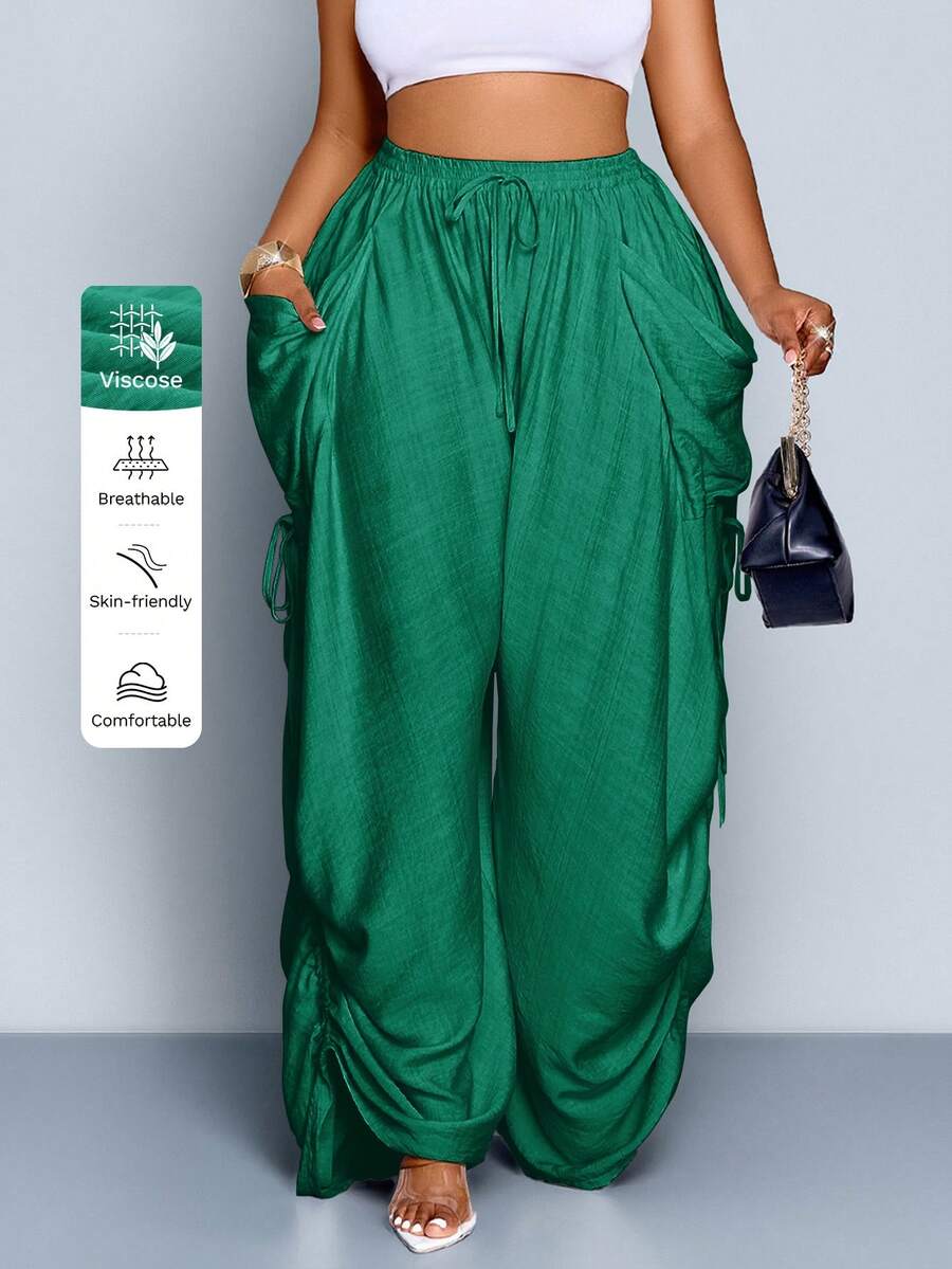 SOLERSUN Plus Size Women's Solid Color Waist Tie Pocket Wide Leg Pants - Green - View 1