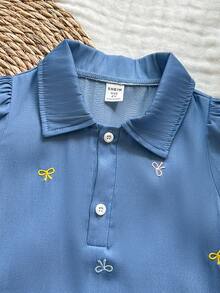 SHEIN Vintaside Kids 女童粉色 Polo 领彩虹印花荷叶边下摆休闲短袖连衣裙 - 藍色 - 查看 6