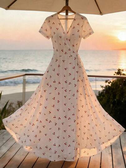 Franclia Women's Dress, Women's Printed Dress, Women's Printed Cherry Fruit Elegant Dress, Romantic Summer Vacation Style, Versatile For Parties, Evening Date Atmosphere, Party/Birthday Guest Attire. Sleek And Elegant Fashionable Party Retro Evening V-Neck Long Dress/Long Length Dress, High-End Feel, Flared Waist, Romantic Addition, Sexy Summer Dress. Cherry Dress Women Wrap Dresses For Women Women Vacation Dress French Style Dress White Floral Dresses For Women
