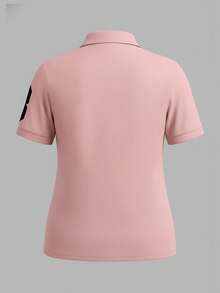 SHEIN Plus Size Women's Numeric Print Polo Collar Short Sleeve T-Shirt - Pink - View 2