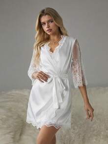 HautHeat Women's V-Neck Lace Tie-Waist Design Casual Loungewear Robe - White - View 4