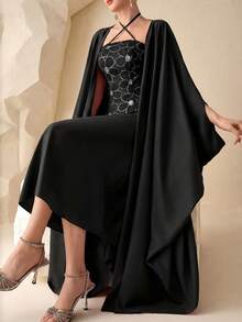 Modelyn Ensemble 2 pièces femme composé d'une veste élégante rose tressée à manches longues pour le printemps/été et d'une robe élégante à col ras-du-cou tressée avec broderie de perles, taille nouée, coupe évasée - Noir - Voir 5
