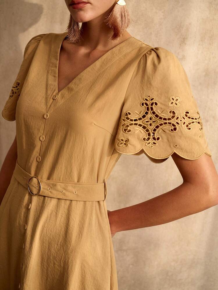 WOMEN'S V-NECK HOLLOW OUT EMBROIDERED MID-LENGTH DRESS
