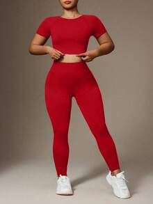 SHEIN Sports 加大码女式纯色短袖T恤和运动紧身裤套装，夏季 - 紅色 - 查看 5