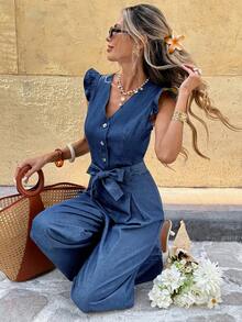 Serisse Bộ jumpsuit denim ống rộng dáng casual dành cho nữ, thích hợp mặc mùa xuân hè, ngày Valentine, lễ hội, đi làm, nghỉ mát, tốt nghiệp, phong cách Y2K, dễ thương, thời trang đường phố, dự tiệc, đám cưới, thanh lịch, công sở, casual. Bộ jumpsuit denim không tay cổ chữ V, vai bèo nhún và ống rộng, phong cách casual. - Rửa trung bình - Xem 8