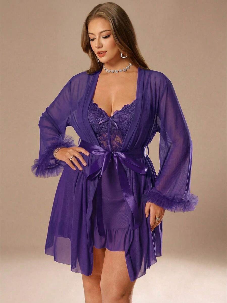 Auralis Plus Size Lace Patchwork Slip Dress & Bell Sleeve See-Through Robe Set, Waist Cinched Design - Purple - View 1