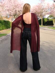Elenary Edit Burgundy Round Neck Ribbon Fitted Bodysuit For Women, Suitable For Graduation Party, Formal Occasions, Cocktail Party, Romantic Date, Autumn/Winter Base Layer, Party, Nightclub, Formal Gathering, Going Out At Night, - Burgundy - View 2