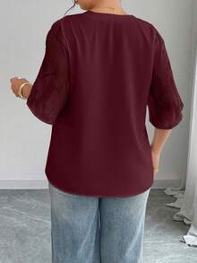 Elenzga 大码女士优雅提花拼接宽松衬衫，春夏款 - 酒紅色 - 查看 2