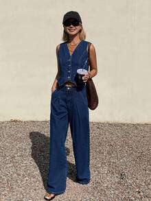 DAZY 女士休闲水洗牛仔背心和阔腿牛仔裤套装，春夏款 - 中等水洗藍 - 查看 5