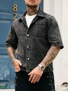 Manfinity Homme Herren Große Größen Einfarbiges Lässiges Kurzarm Denim-Hemd - Schwarz - Übersicht 4