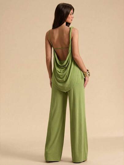 SHEIN BAE Conjunto feminino de duas peças: top cropped verde liso sem mangas, com decote nas costas e alças finas, e calça verde. Ideal para o verão. Top cropped sexy, perfeito para férias na praia. Conjunto elegante de tricô.